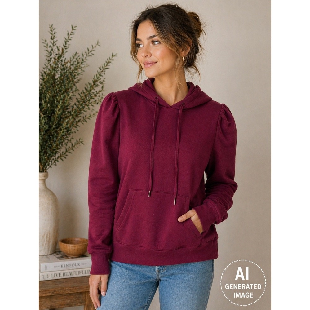 M Fashion Hoodie Women's Small Burgundy Pullover Puff Sleeve Pocket